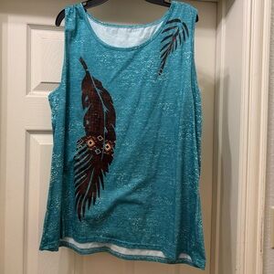 NWOT Sleeveless Feather Graphic Tank Top - Teal